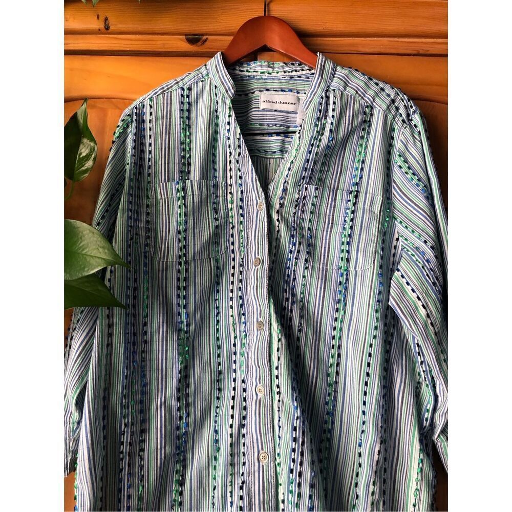 Alfred Dunner Button Up Blouse Green Striped Sz 18